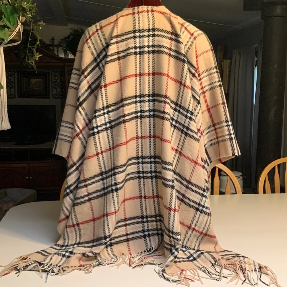 Classic Plaid Fringe Wrap Cape - Cream, Black & Red